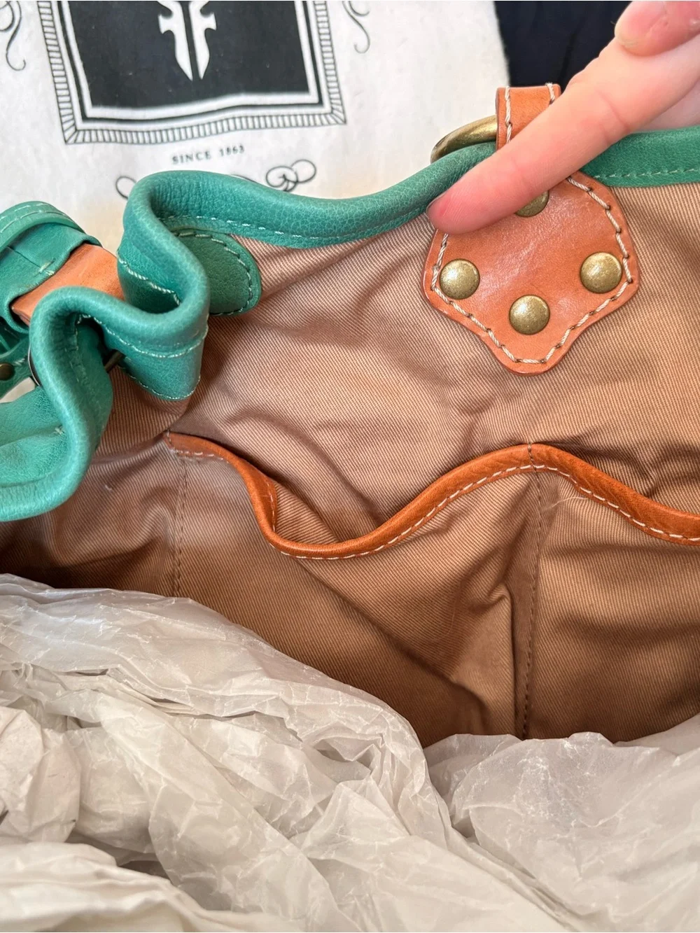 RARE Y2K Frye Turquoise Leather Ruched-Handle Shoulder Bag with Brass Hardware